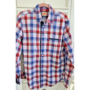 BOSS Orange Red White Blue Check Button Shirt w Contrasting Cuffs Size L
